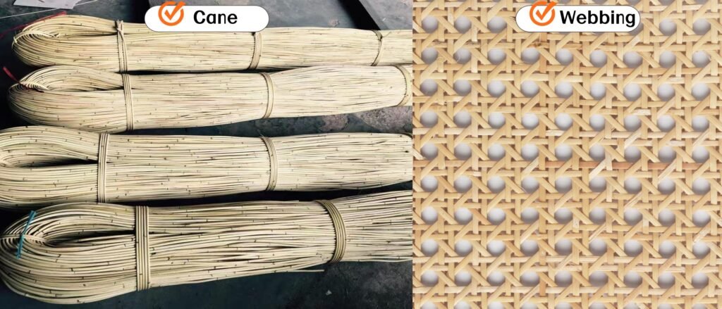 An arrangement of rattan cane webbing, core, and poles with a rattan chair frame Different forms of rattan cane next to a partially constructed rattan chair