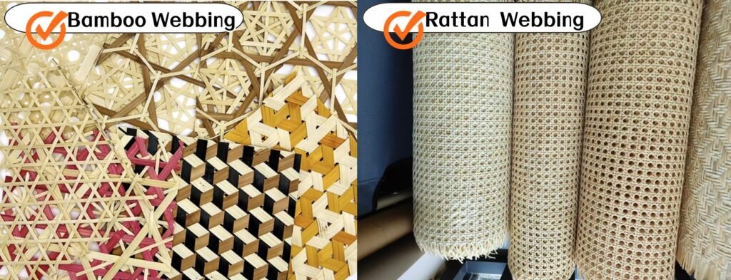 Assortment of interwoven rattan, bamboo, and synthetic webbing textures Diverse Rattan and Bamboo Webbing Samples