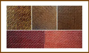 Comparison board showing natural, stained, and painted rattan cane strips Swatches of painted and stained rattan compared to natural rattan