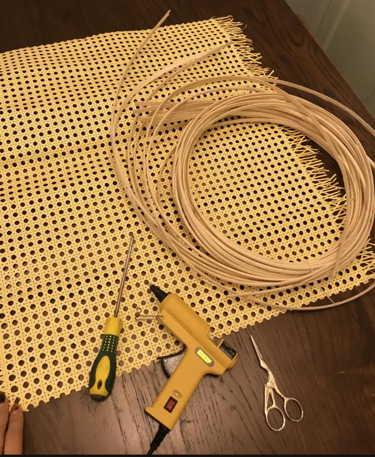 Chair seat showing old and new cane webbing Before and after webbing replacement