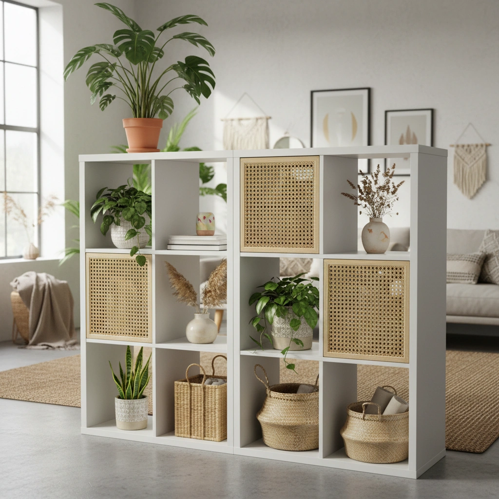 A Kallax shelf unit with rattan panels inserted into some of the cubbies, styled with plants and woven baskets.
