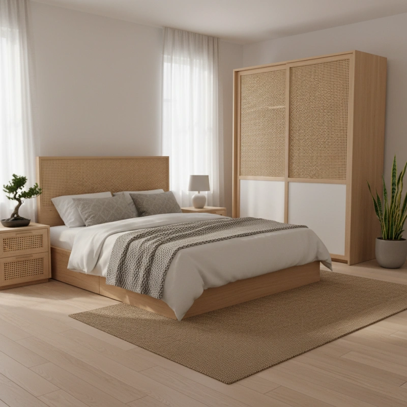 Bedroom with rattan headboard and wardrobe