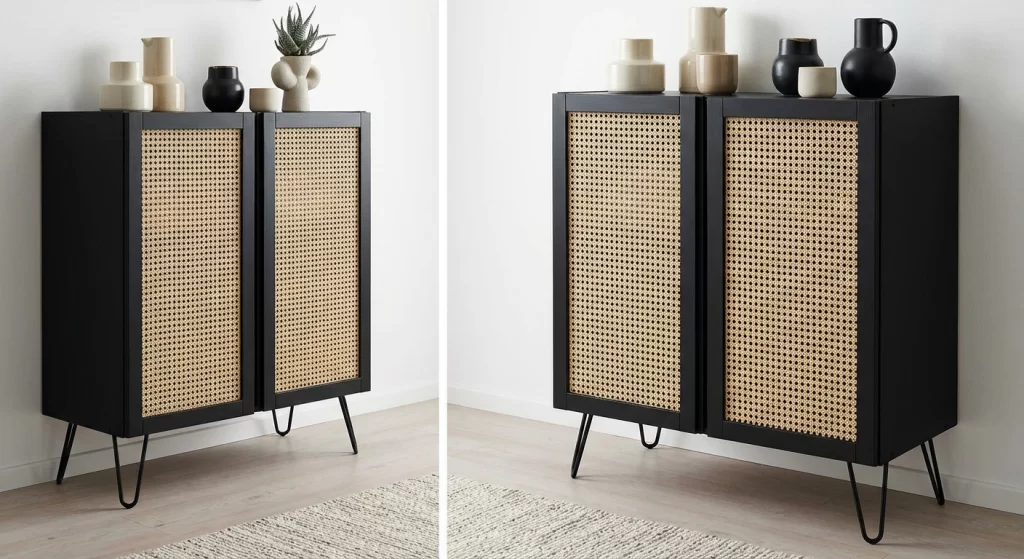 Dark painted cabinet with rattan doors