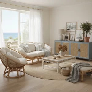 [Bright living room with white IKEA furniture and rattan details