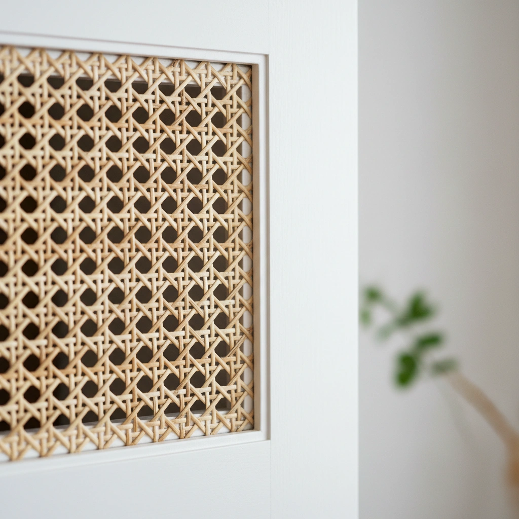 Close up of rattan texture against white wood