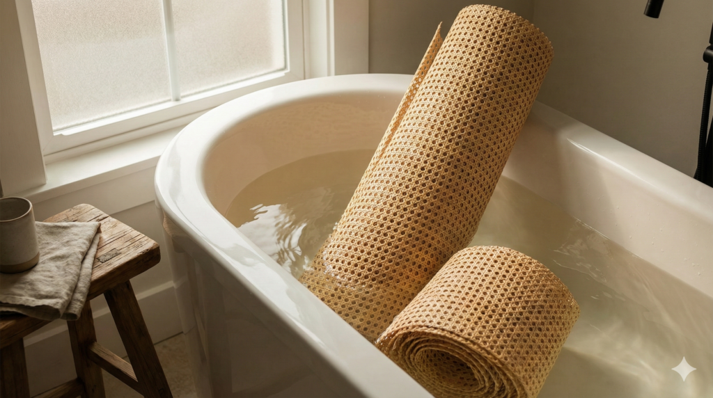 rattan cane webbing with water before cutting