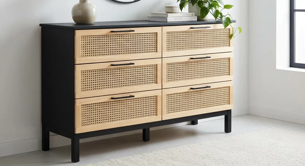 IKEA IVAR cabinet painted black with rattan