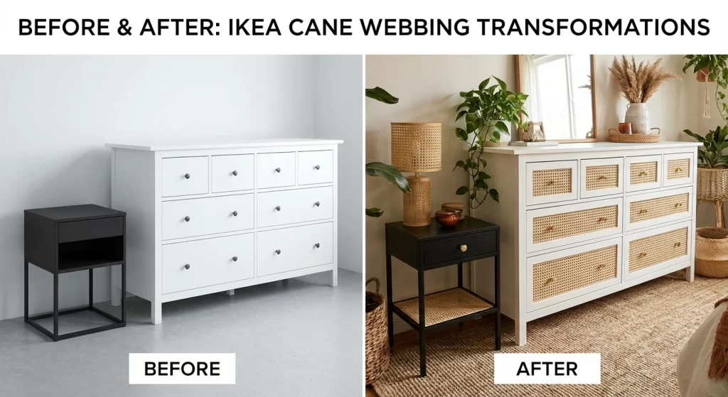 IKEA cabinet before and after rattan transformation