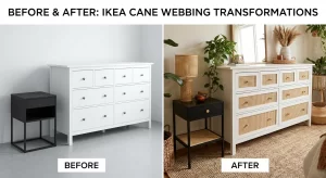 IKEA cabinet before and after rattan transformation
