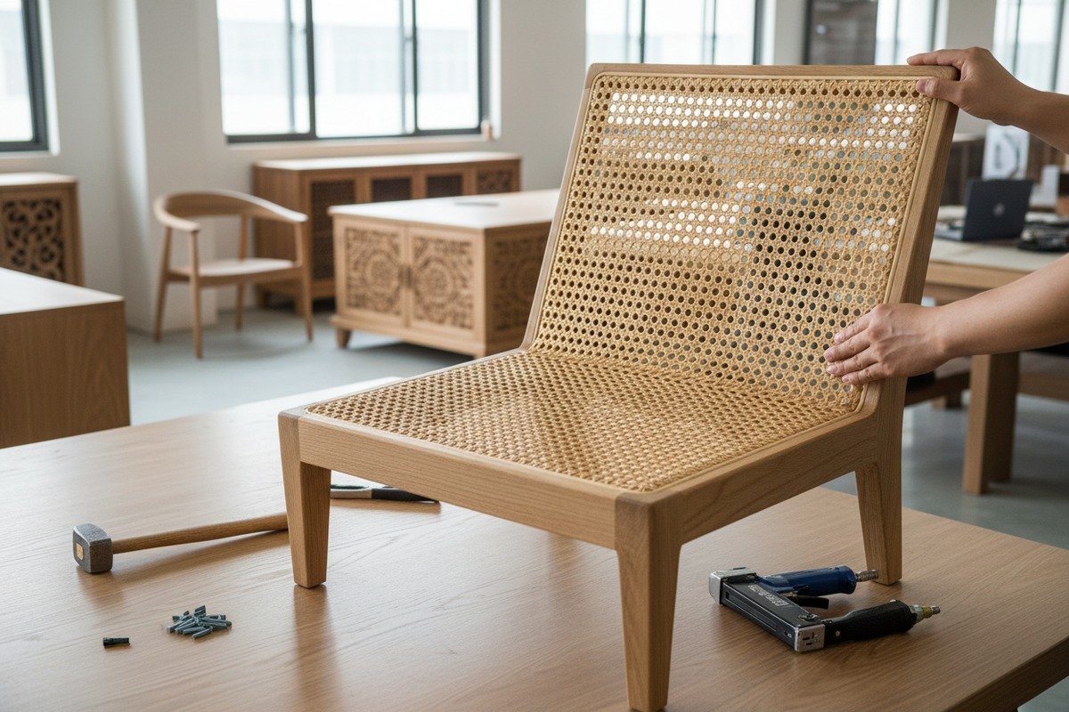 Durable raw rattan materials being tested for moisture content and tensile strength for furniture (ID#4)