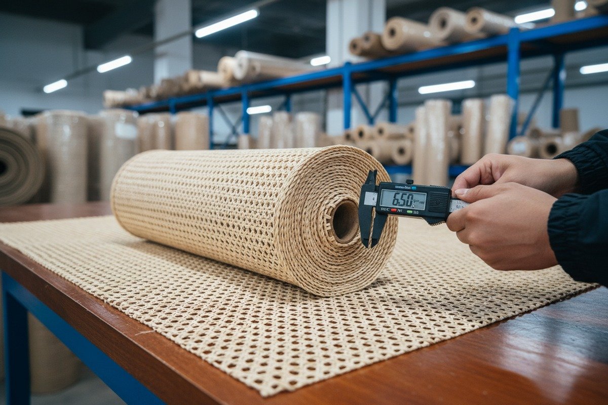Inspecting Grade A rattan cane webbing for uniform thickness and consistent color tone (ID#2)