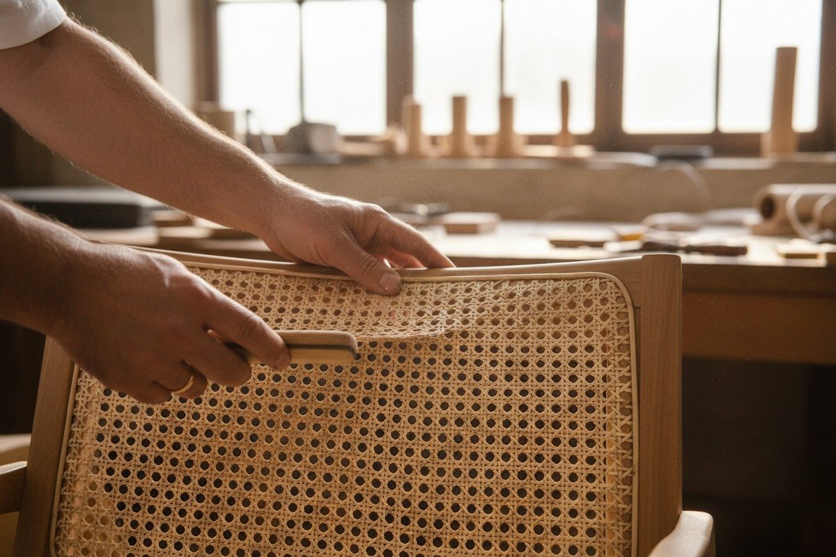 Natural rattan webbing adding organic texture and warm earthy tones to luxury furniture (ID#3)