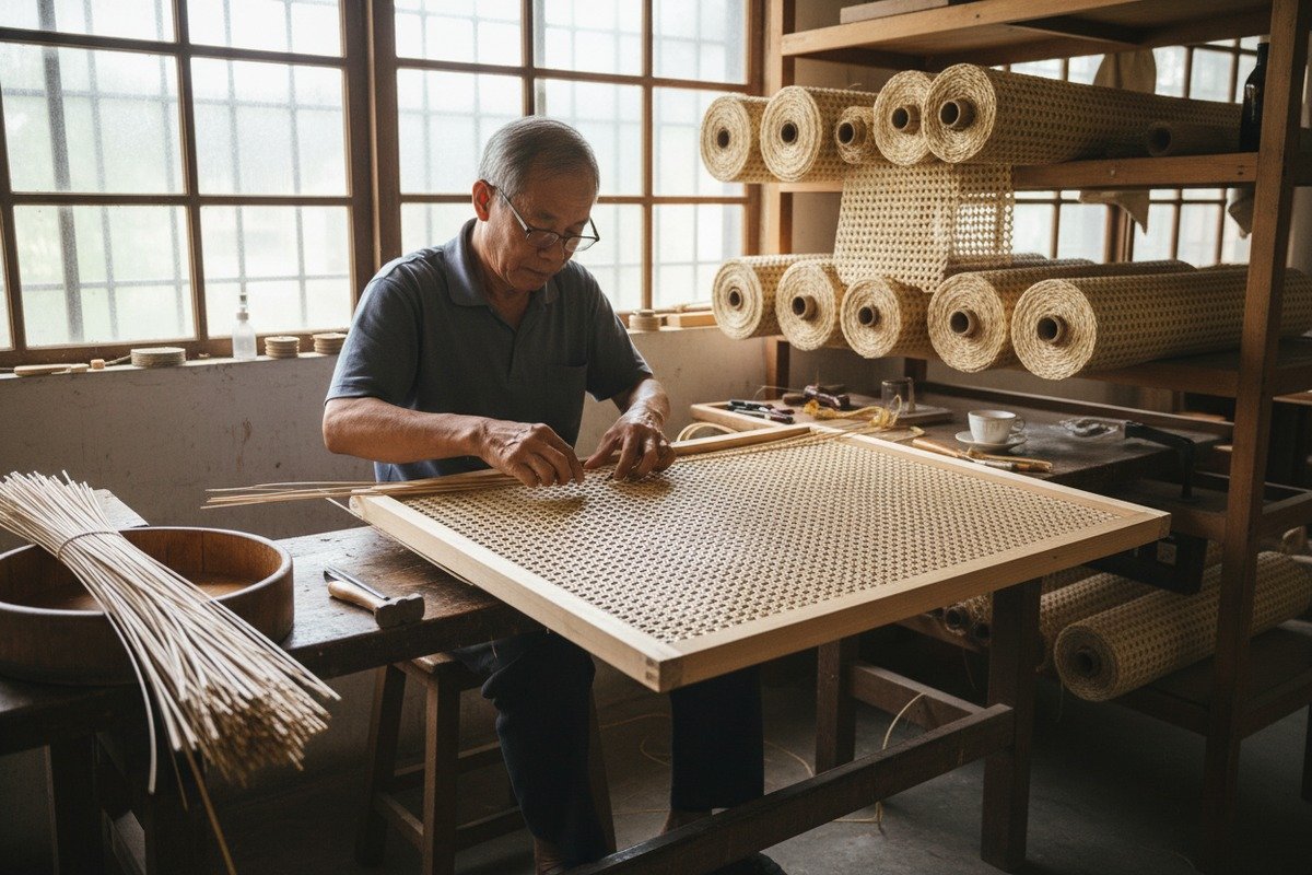 Traditional weaving process for high-quality rattan cane webbing materials (ID#1)