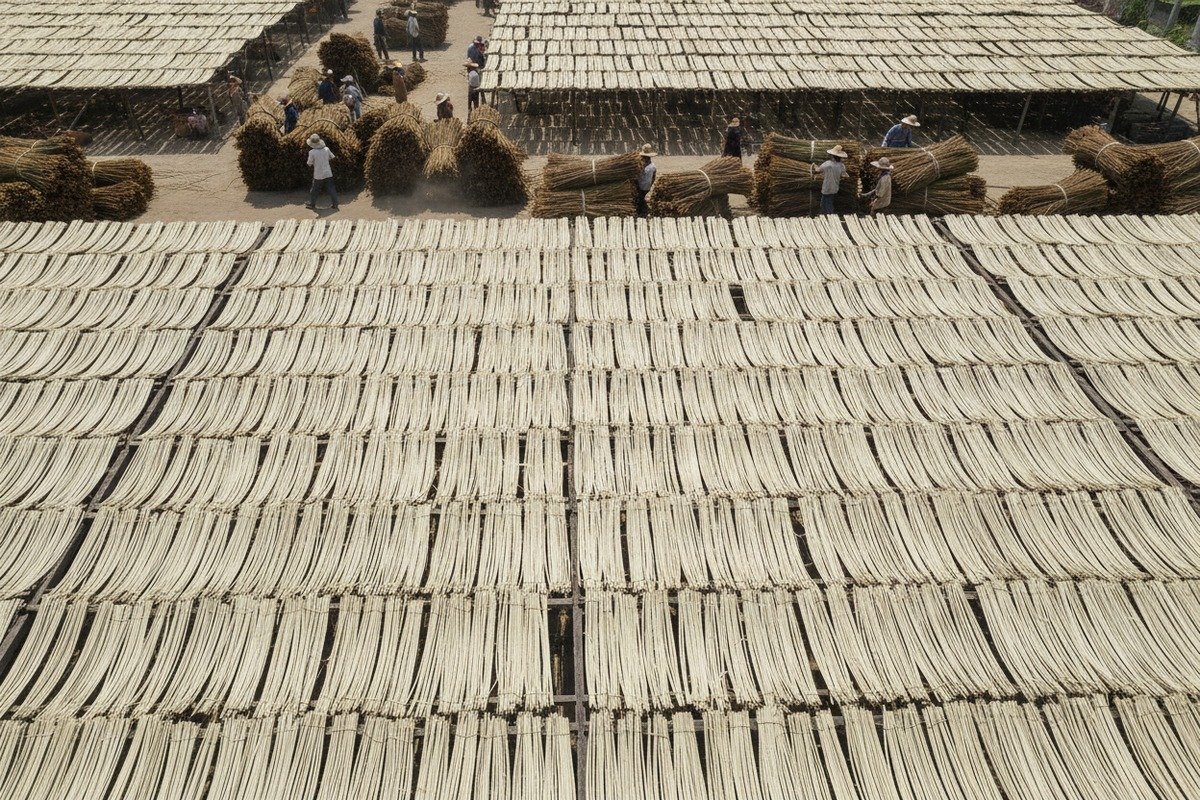 Raw Rattan Preparation Steps Preparation of raw Indonesian rattan including harvesting, peeling, boiling, and sun-drying (ID#2)