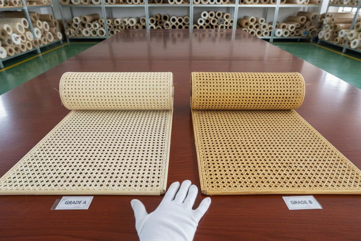 Comparison of high-quality Grade A and standard Grade B rattan cane webbing materials (ID#1)
