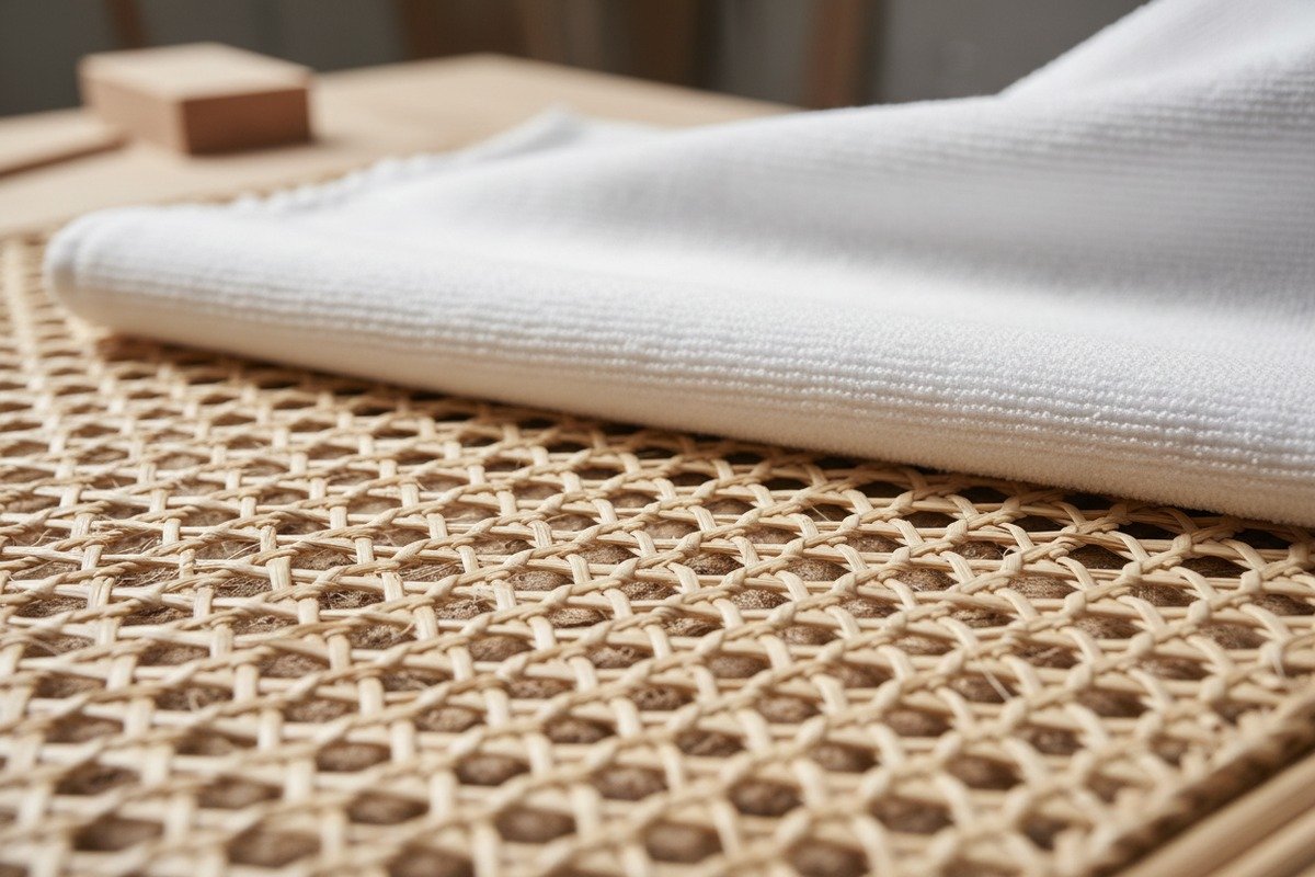 Close-up showing smooth uniform strips of Grade A versus textured Grade B rattan webbing (ID#2)