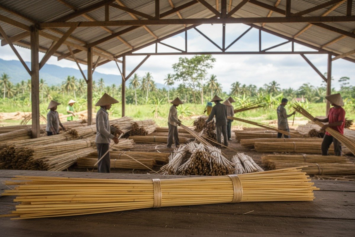Quality inspection of genuine Grade A rattan webbing rolls to verify material consistency (ID#5)