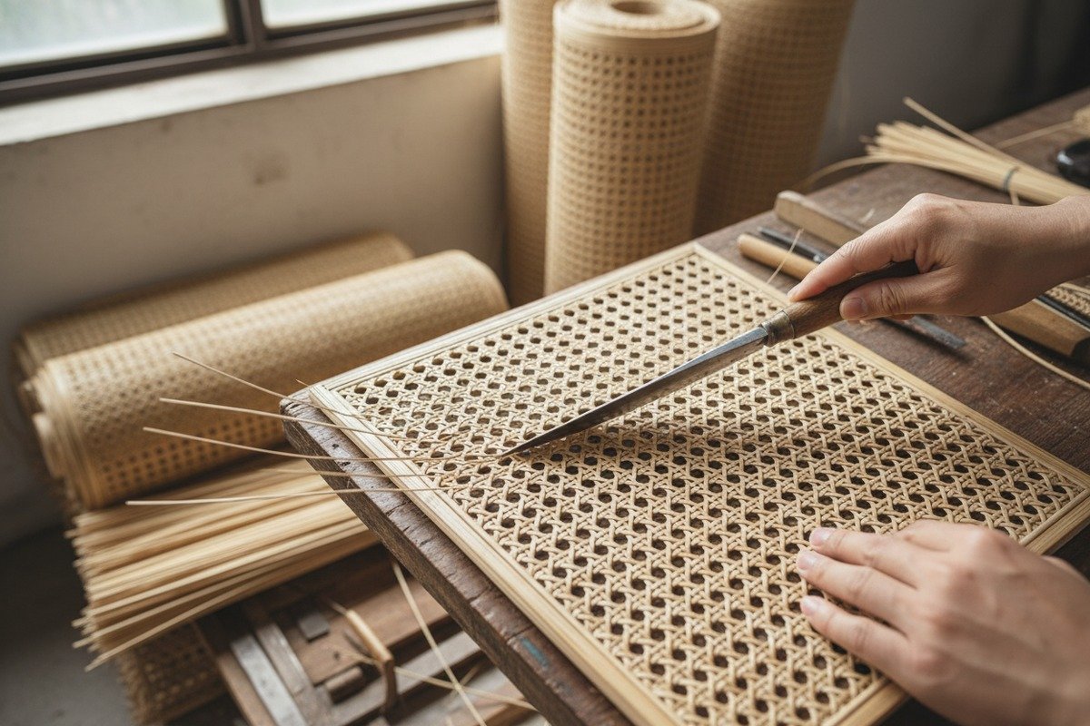 Handcrafted hexagonal mesh natural rattan cane webbing being woven for furniture production (ID#1)