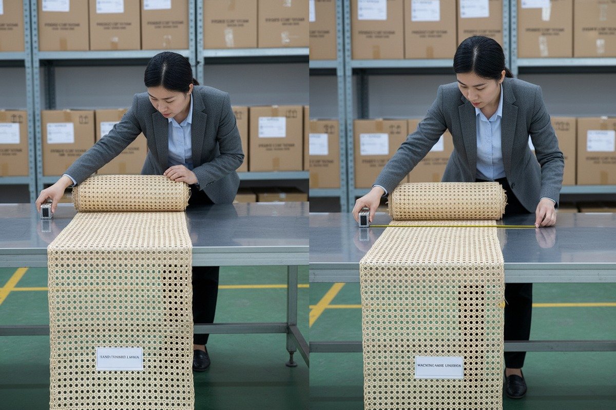 Consistent Weaving Tension Consistent weaving tension check on a roll of hexagonal rattan cane webbing (ID#4)