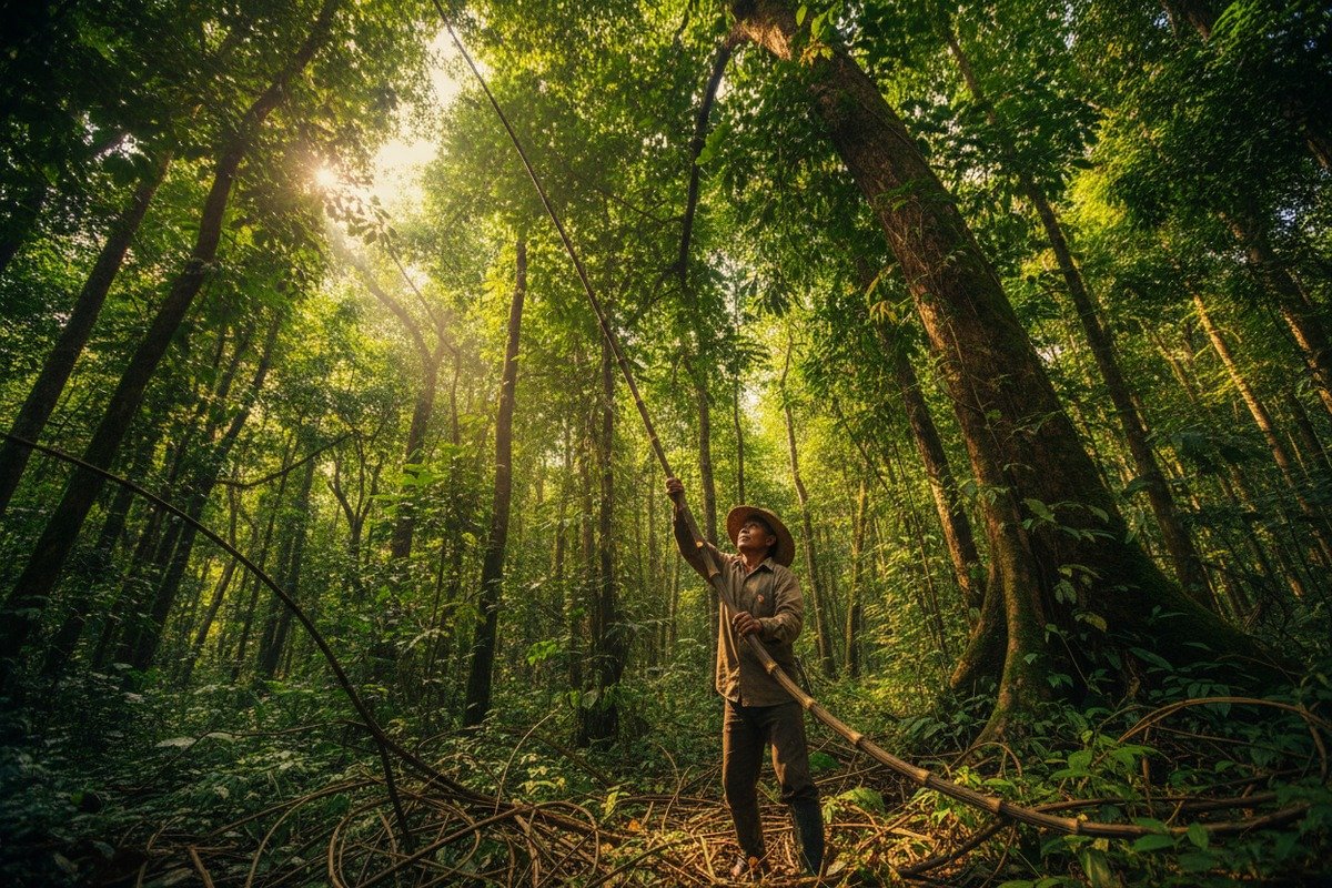 Natural rattan harvesting supporting rainforest conservation and local community economic incentives (ID#2)