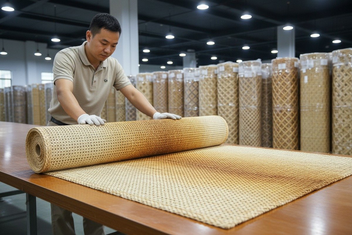 Rattan Oxidation and Darkening Natural rattan webbing darkening from light tan to honey-brown due to oxidation (ID#2)