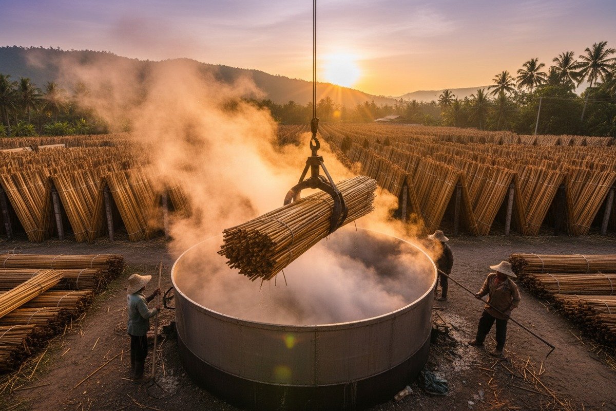 Rattan processing techniques like bleaching and drying to enhance tensile strength and durability (ID#4)