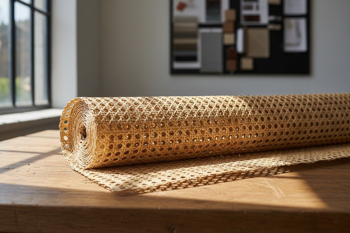 Close-up of hexagonal weave rattan cane webbing showing its distinct geometric pattern and texture. (ID#1)