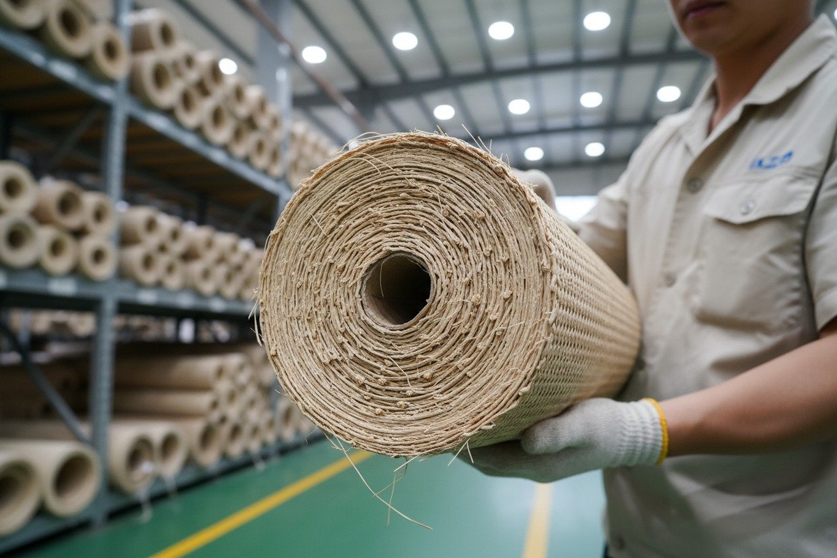 Authentic rattan webbing roll showing natural nodes and irregular raised bumps on the back (ID#4)