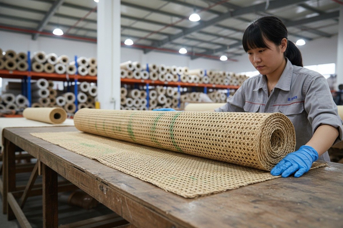 Natural Grade C rattan cane webbing showing characteristic green markings on the surface (ID#1)