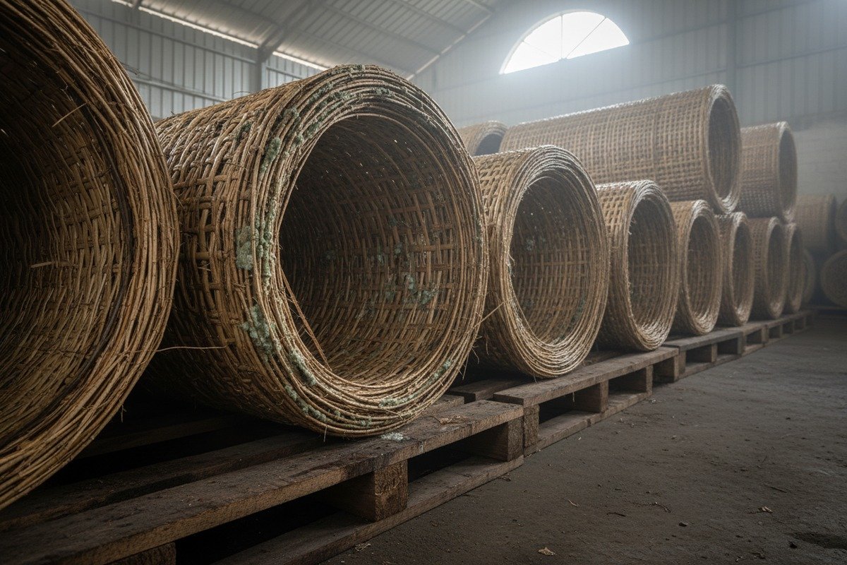 Applying oil-based wood stain to hide green markings on Grade C rattan cane webbing (ID#4)
