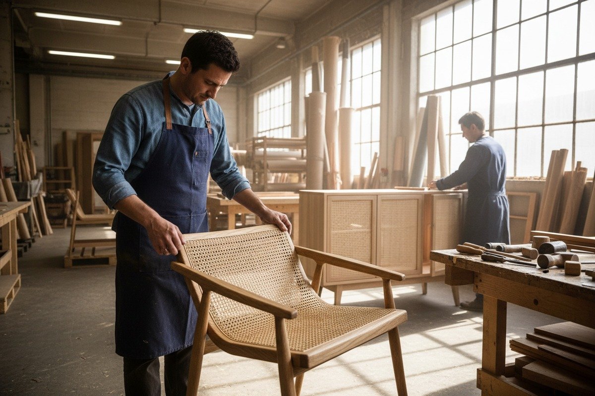 Selecting Rattan Webbing Styles Choosing between rustic natural and modern bleached rattan webbing for furniture manufacturing (ID#2)