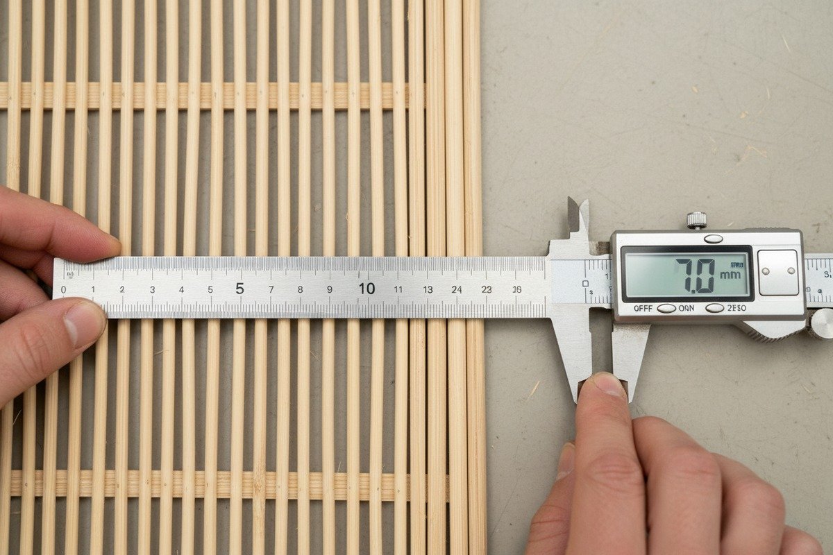 Measuring Rattan Mesh Density Measuring rattan cane webbing mesh density by counting holes per inch with a ruler (ID#2)