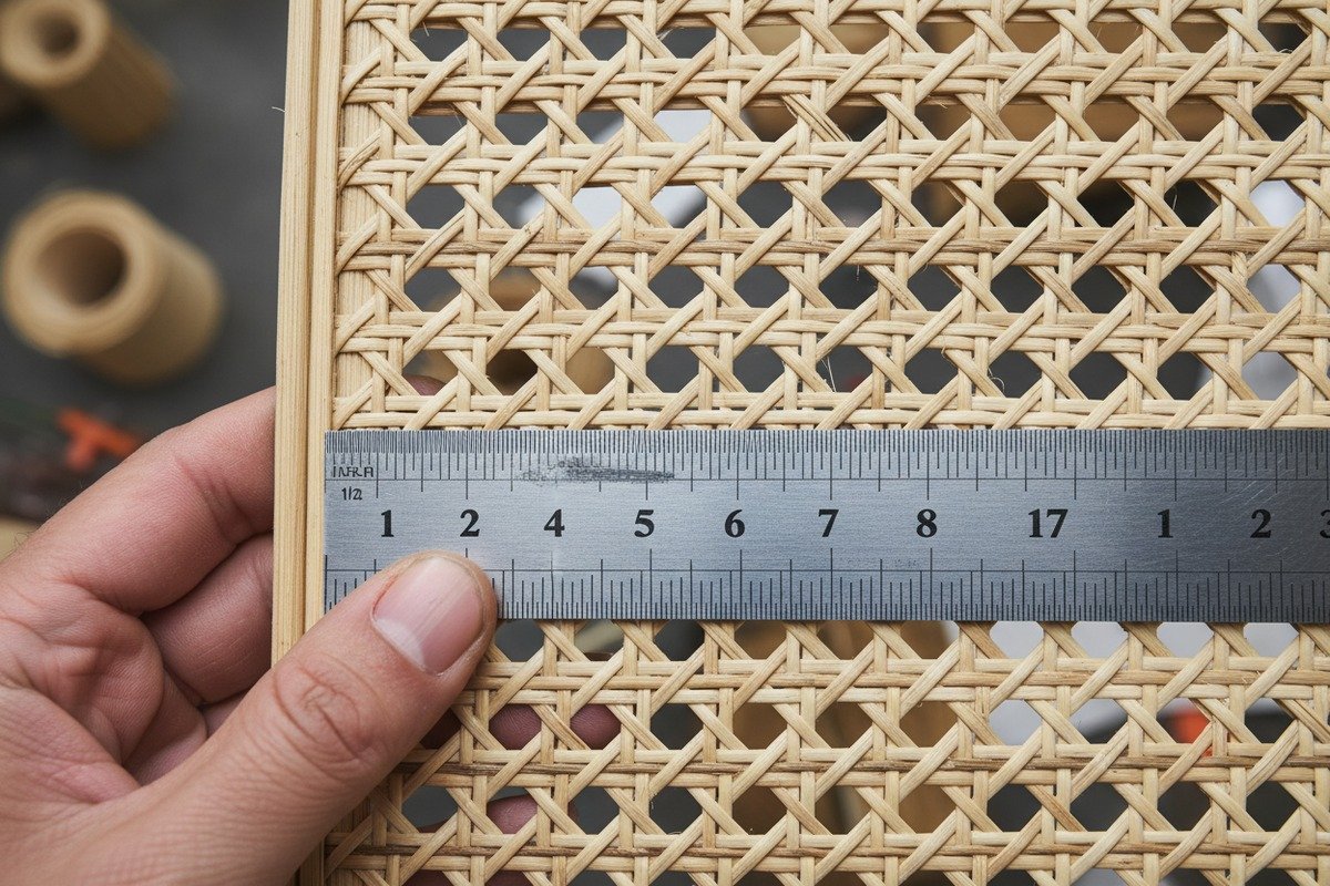 Measuring half inch mesh size from center to center on rattan cane webbing (ID#2)