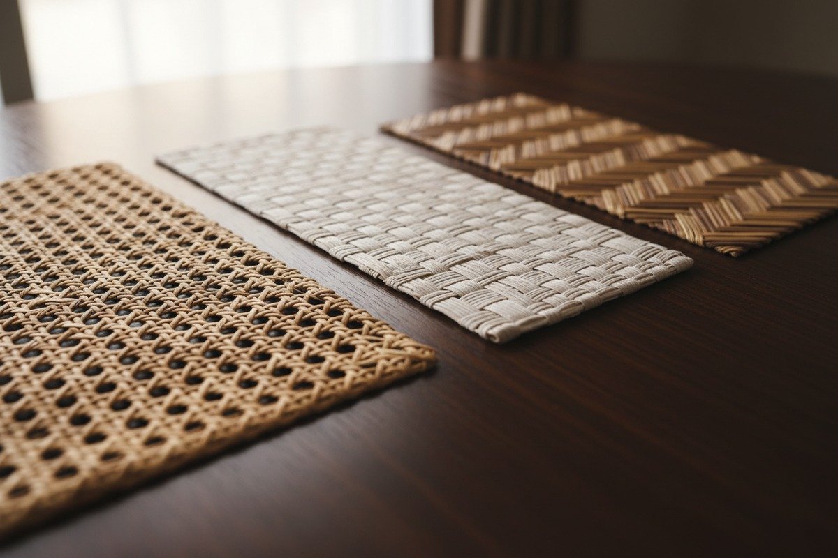 Open weave rattan webbing applied to cabinet doors and chair back furniture inserts (ID#4)