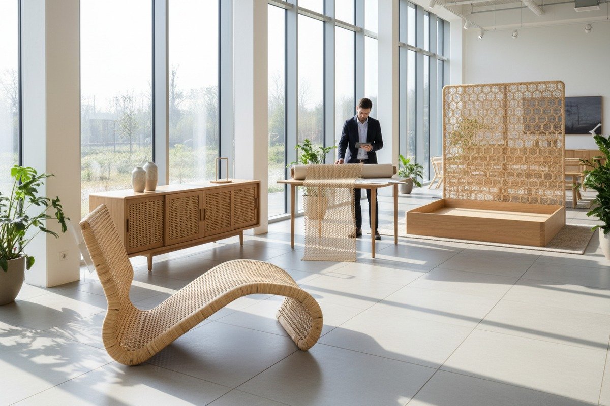 Various furniture applications using high-quality rattan cane webbing for interior design projects (ID#1)