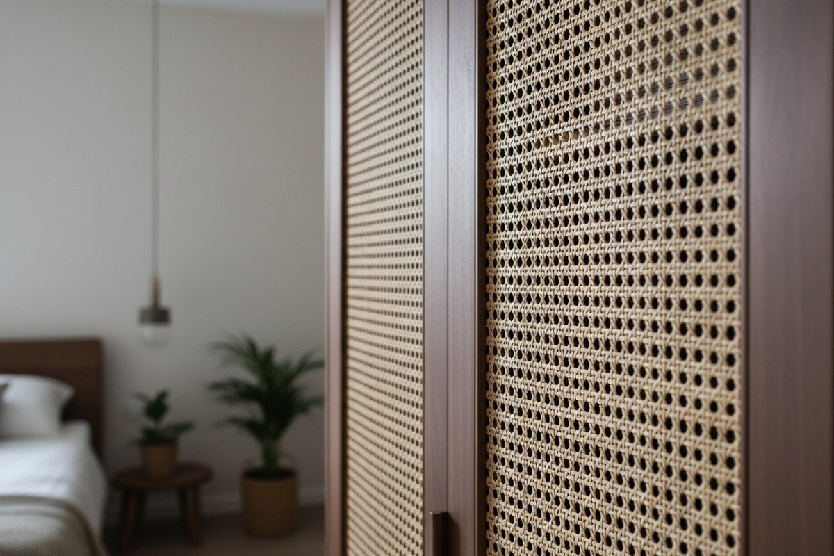 Hexagonal rattan cane webbing inserts for elegant cabinet and wardrobe door panel designs (ID#2)