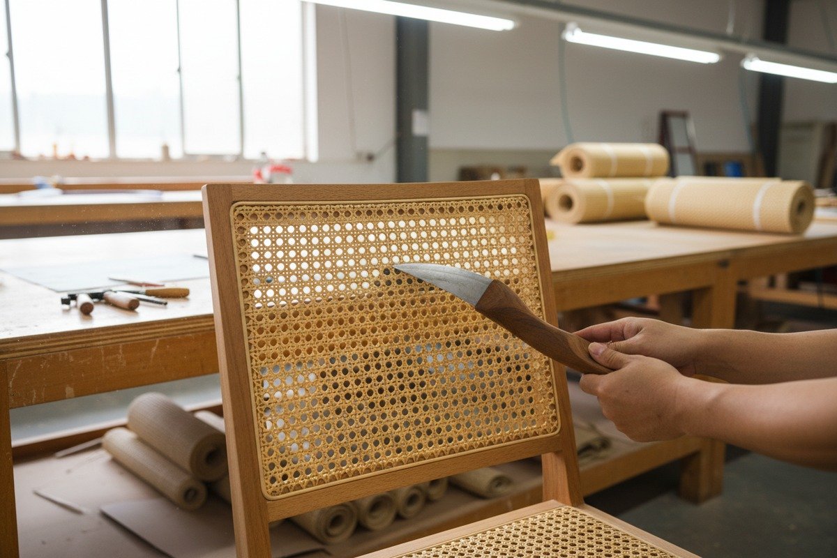 Pre-woven hexagonal rattan webbing applied to chair seats and backrests for artisanal aesthetics (ID#3)