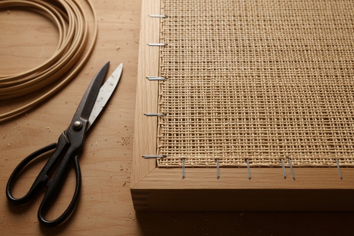 Luxury bed headboard featuring hexagonal rattan cane webbing for a warm earthy focal point (ID#4)