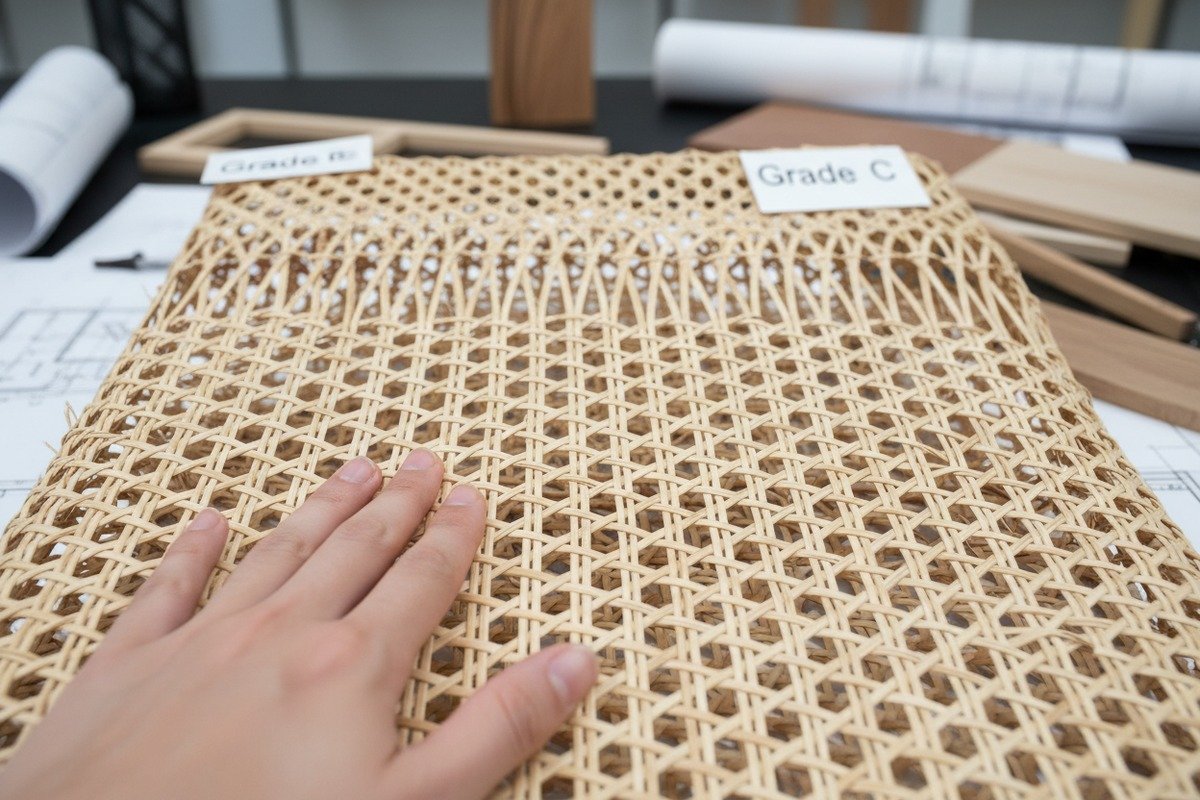 Visual Rattan Quality Differences Visual differences between smooth Grade A&B and spotted Grade C bleached rattan webbing (ID#2)