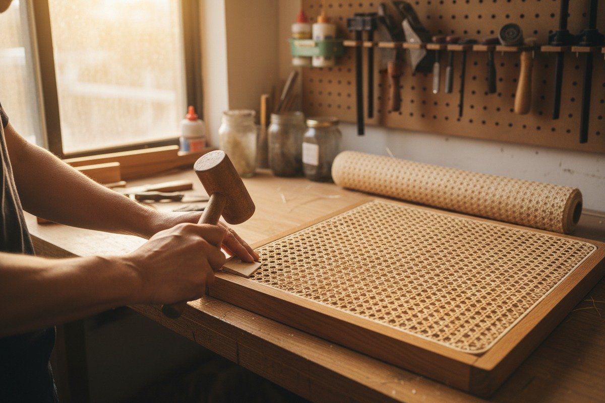 Vintage chair restoration using high-quality rattan cane webbing for a classic furniture look (ID#1)