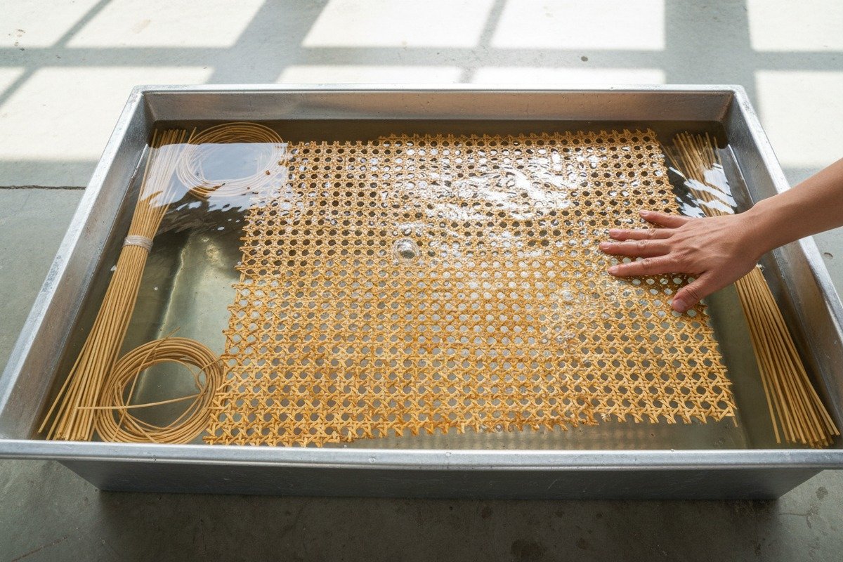 Soaking rattan cane webbing in warm water to make it pliable for furniture restoration (ID#3)