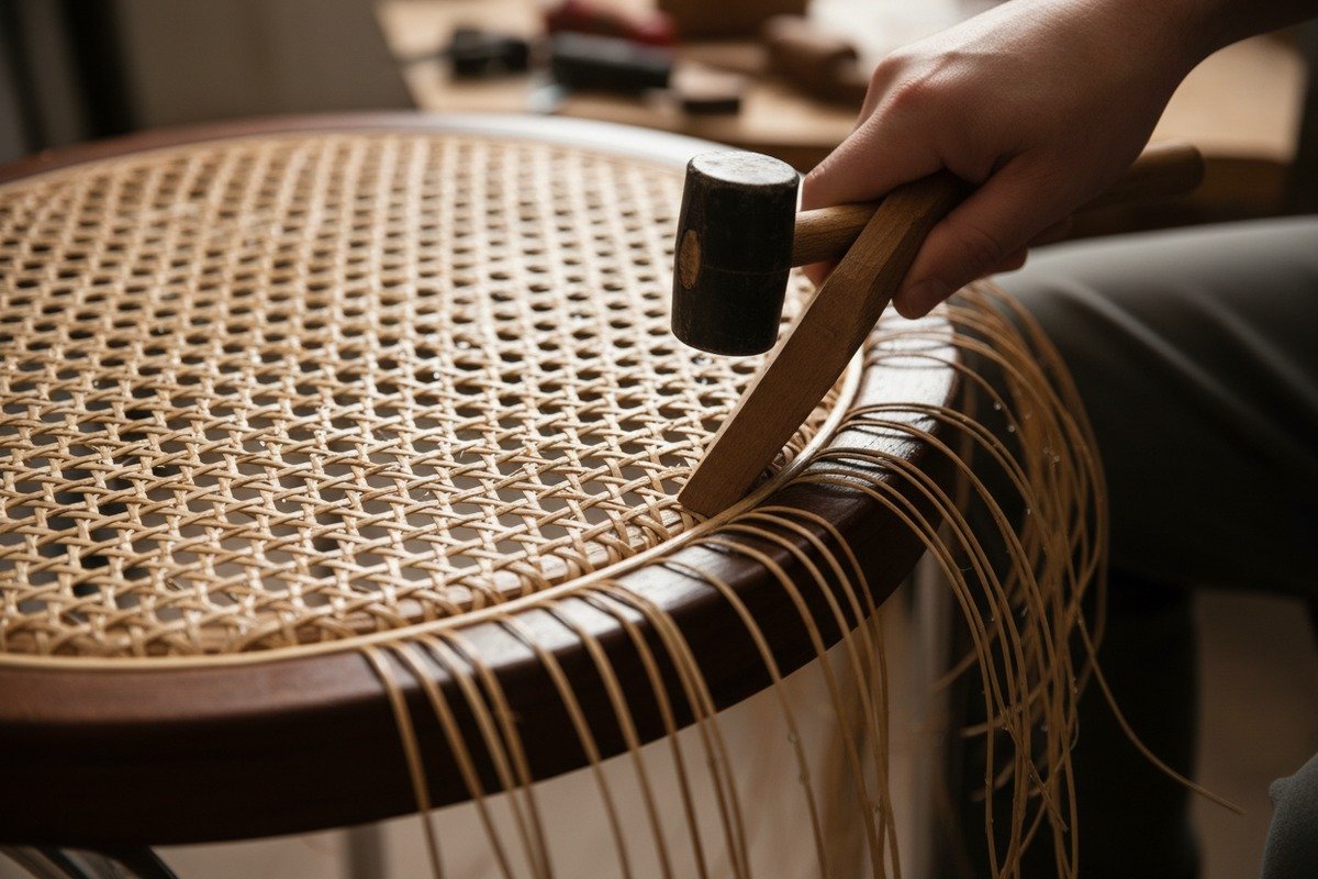 Essential tools for securing rattan cane webbing including a mallet, chisel, and PVA glue (ID#4)
