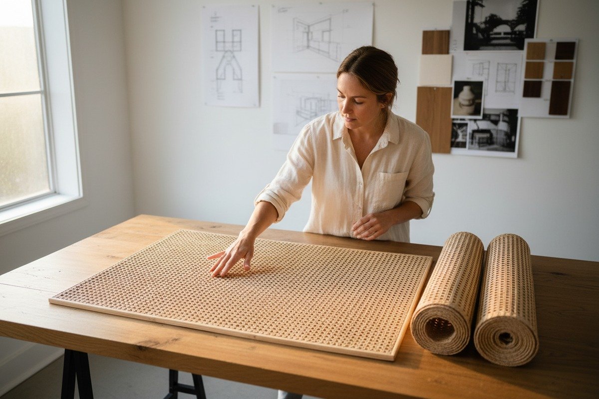 Natural rattan cane webbing in a hexagonal weave pattern for furniture manufacturing (ID#1)