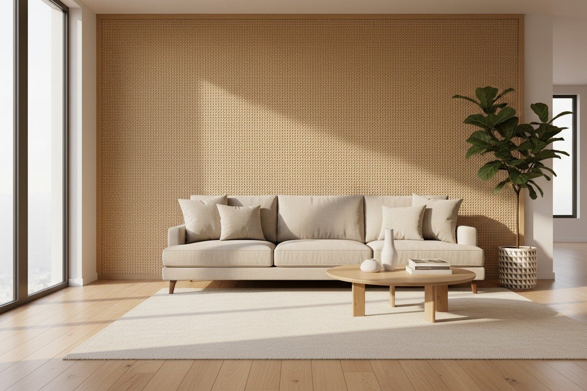 Decorative rattan cane webbing applied to an interior wall for a natural aesthetic (ID#1)