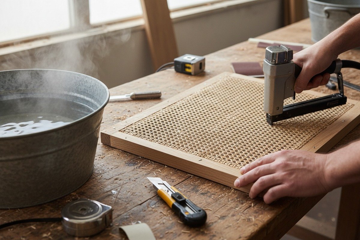Installing Rattan Cane Webbing Installing rattan cane webbing on interior walls by stretching and securing it to a frame (ID#2)