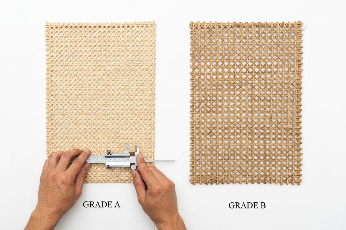 Visual comparison between Grade A and Grade B natural rattan cane webbing (ID#2)