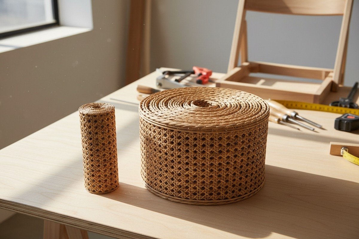 Comparison of 50-foot and 100-foot natural rattan cane webbing rolls for wholesale (ID#1)