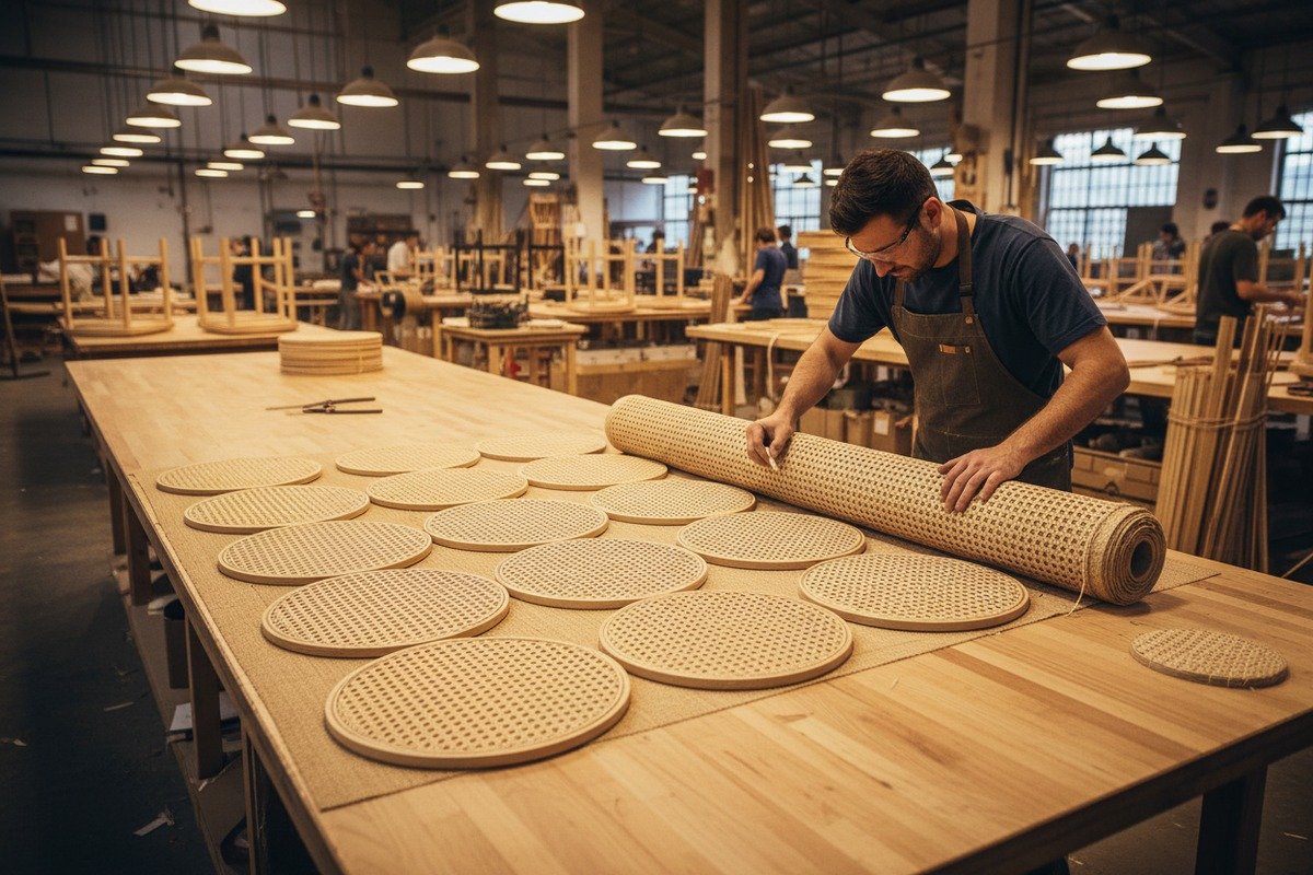 Reducing material waste in furniture production using long continuous rattan cane webbing rolls (ID#3)