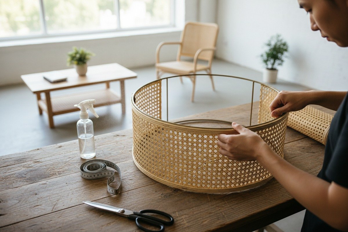 Cannage en rotin utilisé dans les abat-jour décoratifs et les projets de conception de plafonds (ID#1)