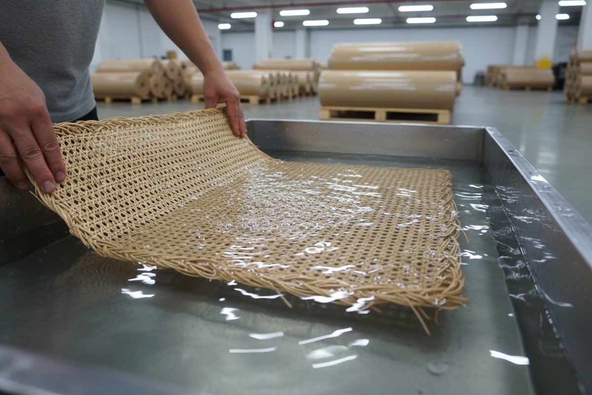 Installation de panneaux de plafond en rotin Installation de panneaux de cannage en rotin trempés sur des cadres de plafond en bois avec une agrafeuse (ID#3)